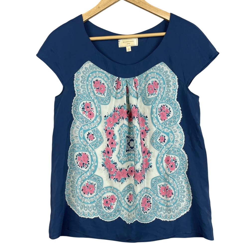 Moulinette Soeurs Blouse Womens Small Blue‎ Silk Floral Romantic Whimsical Boho